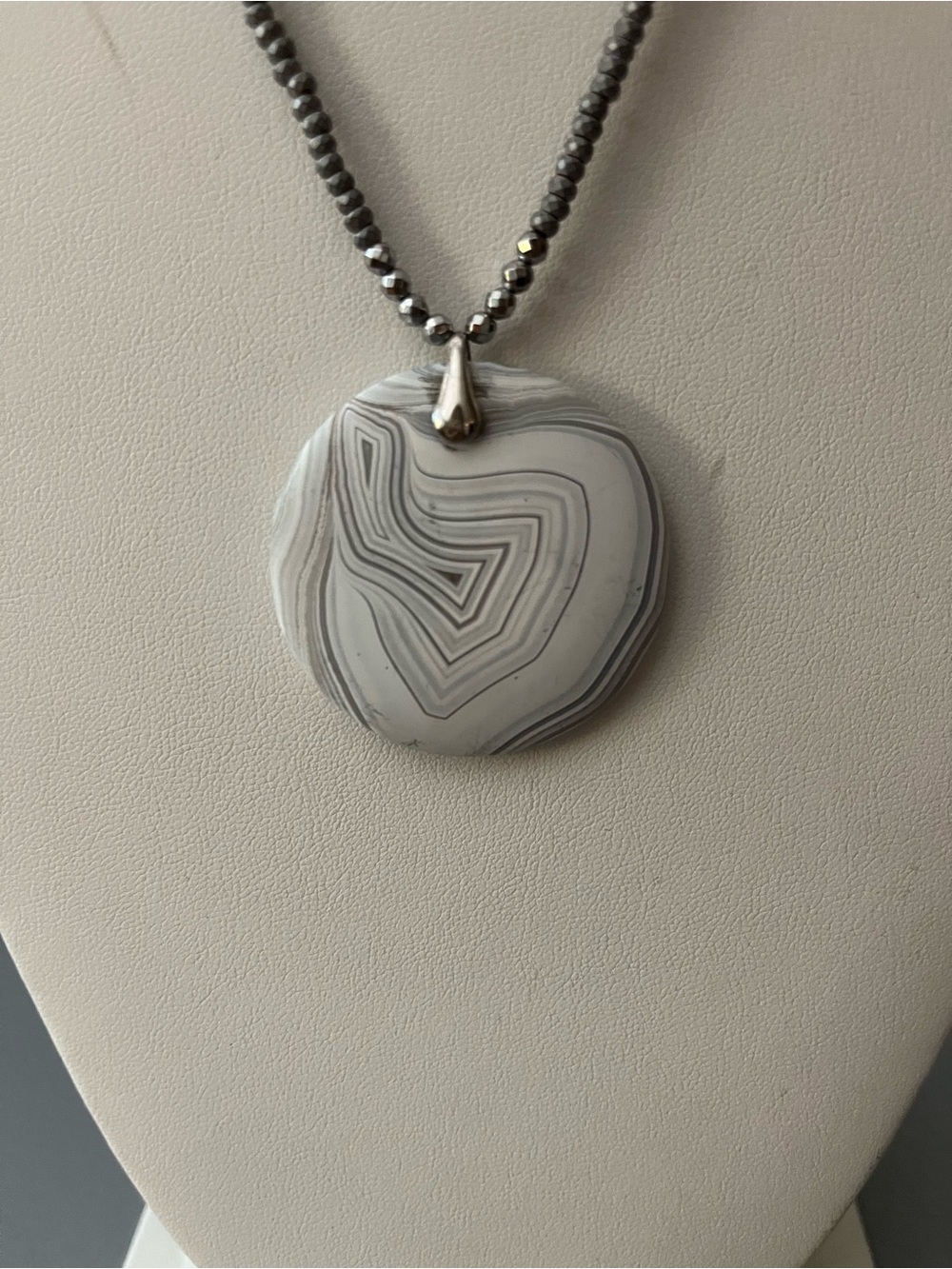 Silver Hematite Bead Necklace with White stone Pendant